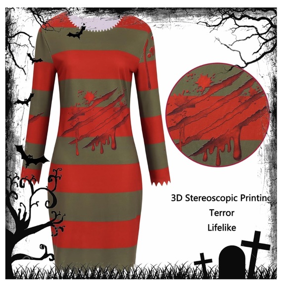 Halloween Freddy Costume Women Adult Scary Cosplay Green and Red Striped Dress M - Picture 1 of 8